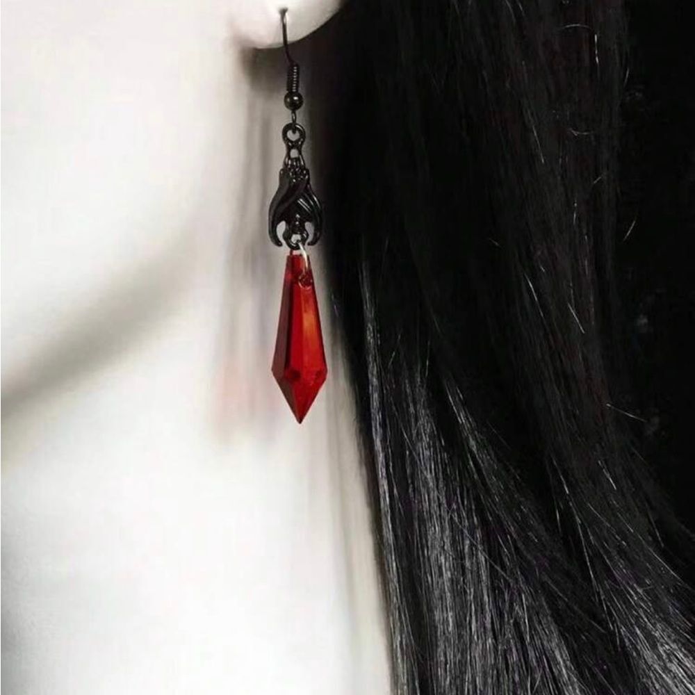 So cute! Red drop earrings with black skeleton hand! New
